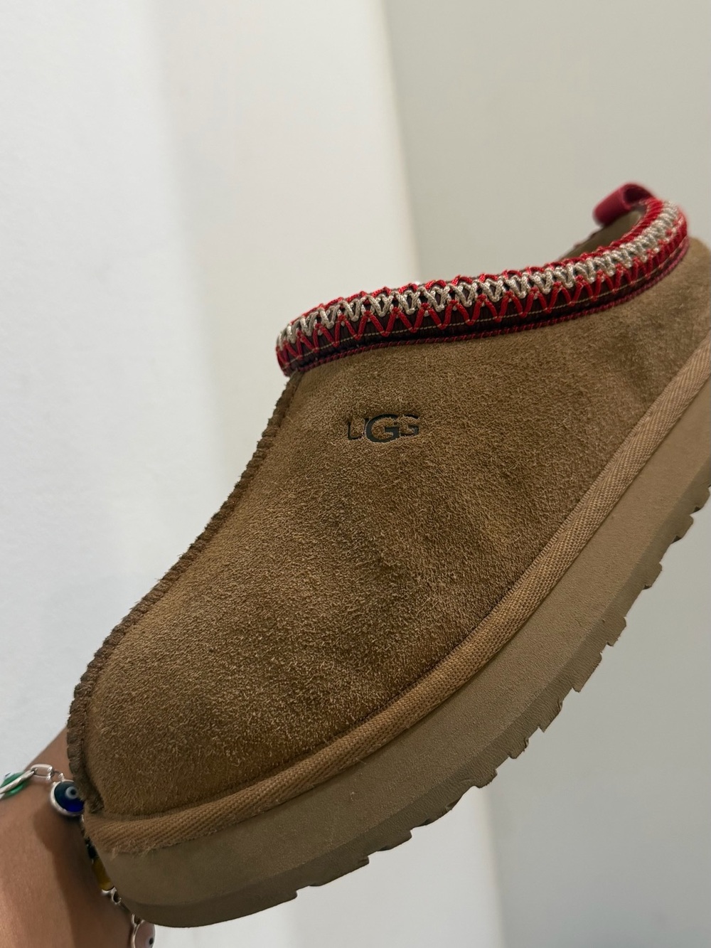 UGG Chestnut Suede Slip-On Mule with Red Accent